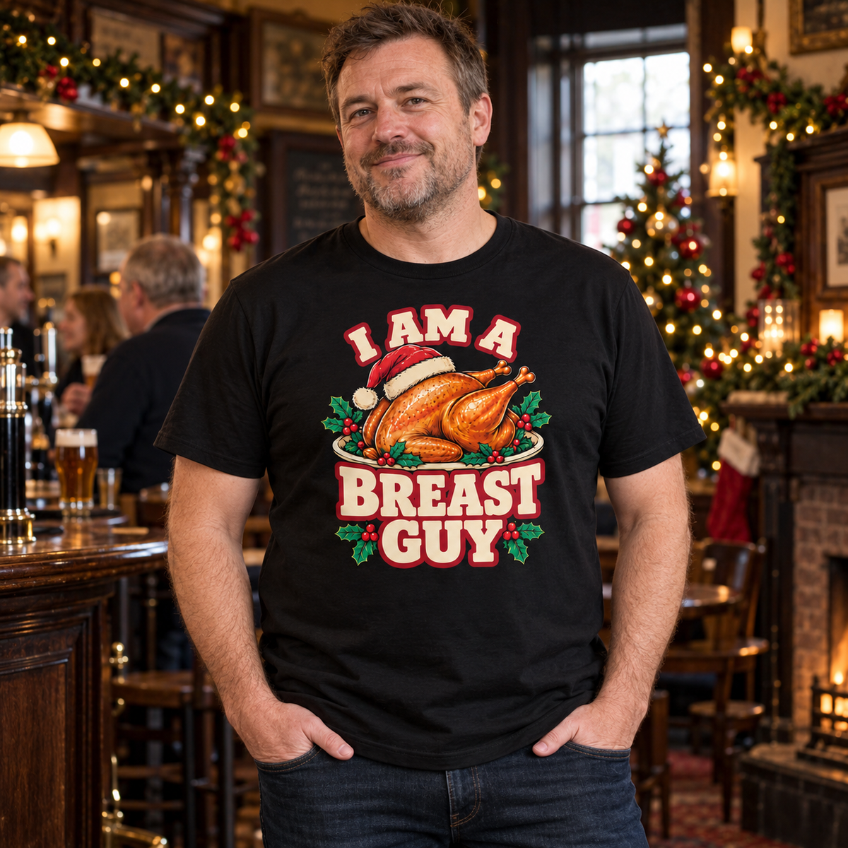 Man wearing the NEWTZ turkey Christmas T-shirt in a cosy pub