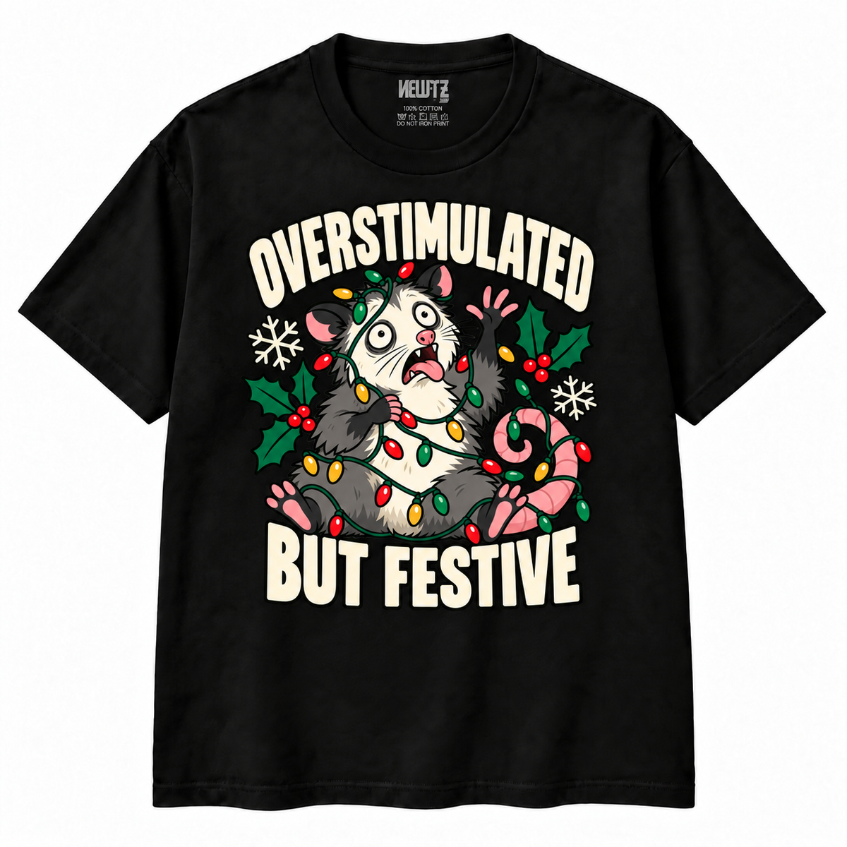 Overstimulated But Festive – Christmas Possum T-Shirt
