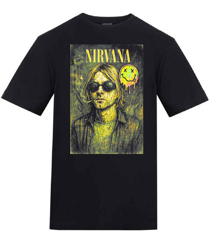 Nirvana Illustration Acid Smiley Face Kurt Cobain Black T-Shirt