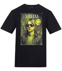 Nirvana Illustration Acid Smiley Face Kurt Cobain Black T-Shirt
