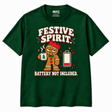 Festive Spirit Battery Not Included Gingerbread Christmas T-Shirt in Bottle Green — front view