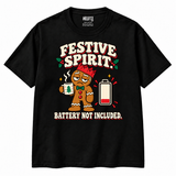 Festive Spirit Battery Not Included Gingerbread Christmas T-Shirt in Black — front view