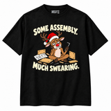 Some Assembly Much Swearing on black NEWTZ tee with stylised inside-neck branding