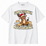 Some Assembly Much Swearing on white NEWTZ tee with stylised inside-neck branding