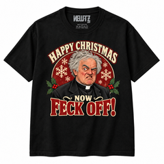 NEWTZ Father Jack-inspired Happy Christmas Now Feck Off T-shirt in black with approved neck label on white background