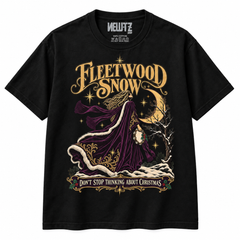 NEWTZ Fleetwood Snow Fleetwood Mac-inspired Christmas T-shirt in black with approved neck label on white background