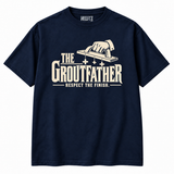 The Groutfather Respect the Finish cream graphic on navy NEWTZ T-shirt
