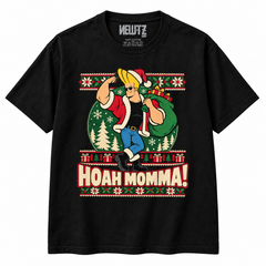 NEWTZ Johnny Bravo-inspired Hoah Momma Christmas T-shirt in black with approved neck label on white background