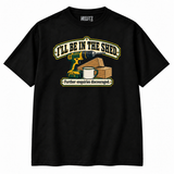 I'll Be in the Shed Funny DIY T-Shirt on a black NEWTZ tee, illustrative product mockup
