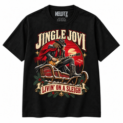 NEWTZ Jingle Jovi Livin' On A Sleigh Bon Jovi-inspired Christmas T-shirt in black with approved neck label on white background