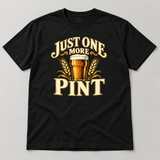 Illustrative black T-shirt mockup with the Just One More Pint design; sample approval pending