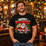 NEWTZ Merry Pissmass Black T-shirt on a male model in a Christmas setting