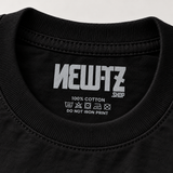 NEWTZ.SHOP inside neck label mockup on black cotton T-shirt