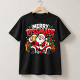 NEWTZ Merry Pissmass Black T-shirt hanging in a studio