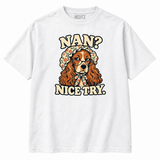 Nan? Nice Try. Funny Dog T-Shirt on a white NEWTZ tee, illustrative product mockup