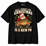 All I Want for Christmas Is a New PB Christmas fishing T-shirt in Black, studio view on white background