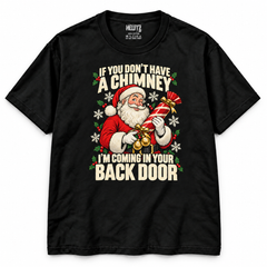 No Chimney Back Door Santa Christmas T-Shirt — Black standard mockup on white background