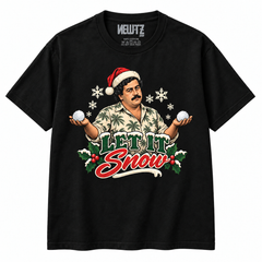NEWTZ Pablo Escobar-inspired Let It Snow Christmas T-shirt in black with approved neck label on white background
