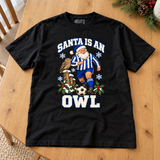 Sheffield Wednesday-inspired Santa Is an Owl Christmas T-shirt — dining table flat lay