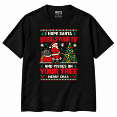 Santa Steals Your TV Christmas T-Shirt with smaller chest print — Black studio view
