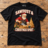Sawdust and Christmas Spirit carpenter Christmas T-shirt — bench