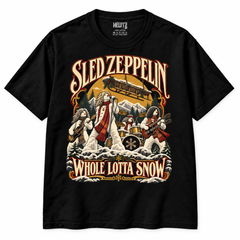 NEWTZ Sled Zeppelin Whole Lotta Snow Led Zeppelin-inspired Christmas T-shirt in black on white background