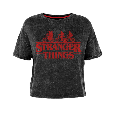 Stranger Things Bike Cropped SuperHeroes Inc. Acid Wash T-Shirt